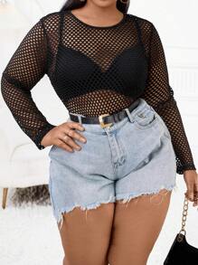 Maweii Blusa/camiseta sexy de manga larga con cuello redondo y aberturas de malla para mujeres de talla grande