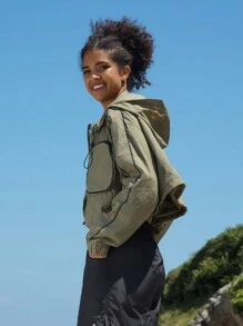 In My Nature Contrast Piping Zip Up Hooded Softshell Jacket - Olive Green - View 5