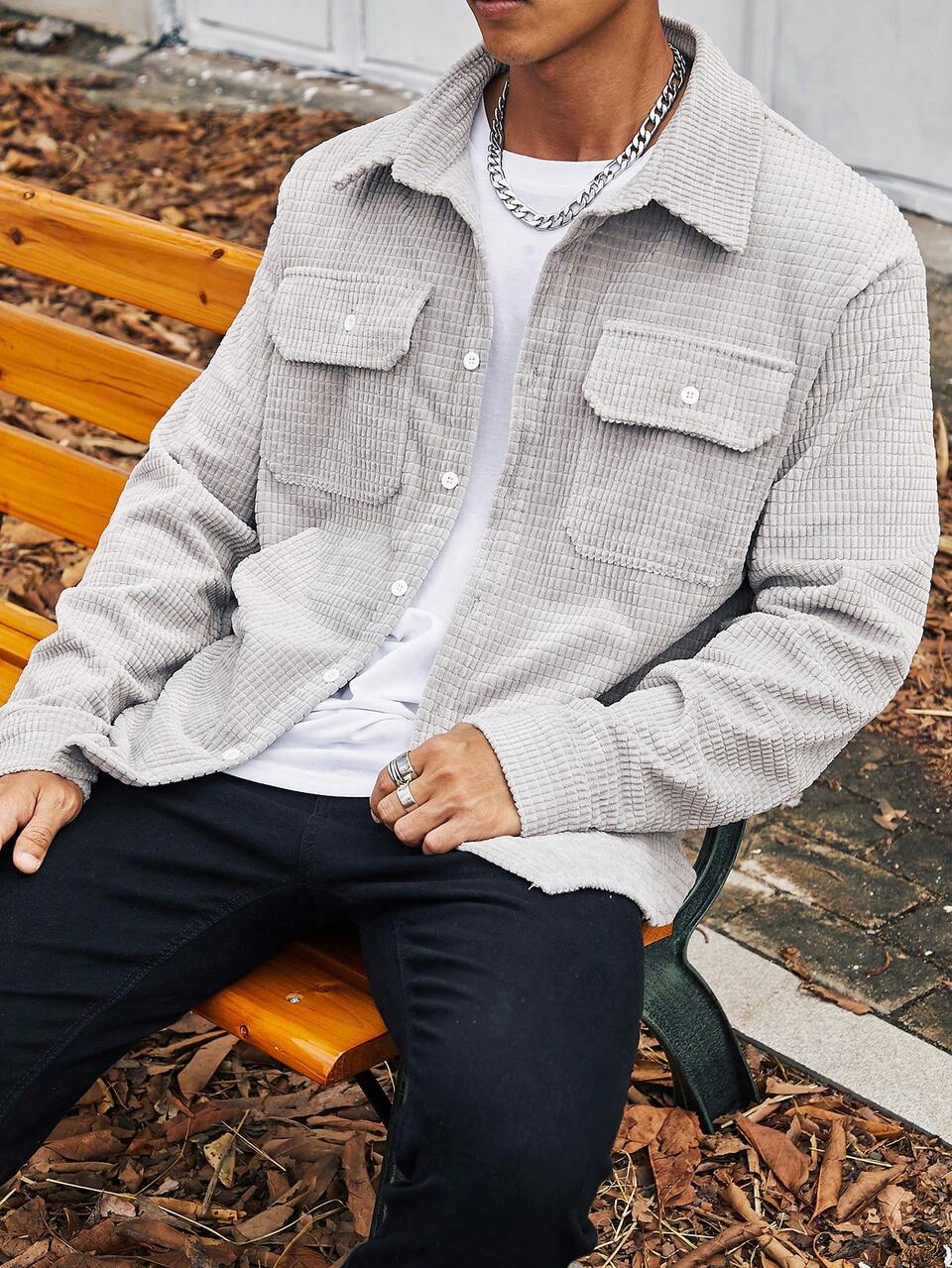 Men Plus Solid Textured Flap Pocket Shacket