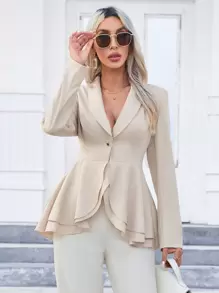 SHEIN Privé 青果領不對稱荷葉邊單釦荷葉邊下擺西裝外套 - 杏色 - 查看 1