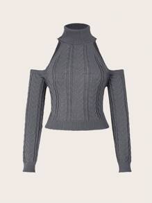 SHEIN ICON Turtleneck Cold Shoulder Knit Top - Grey - View 1