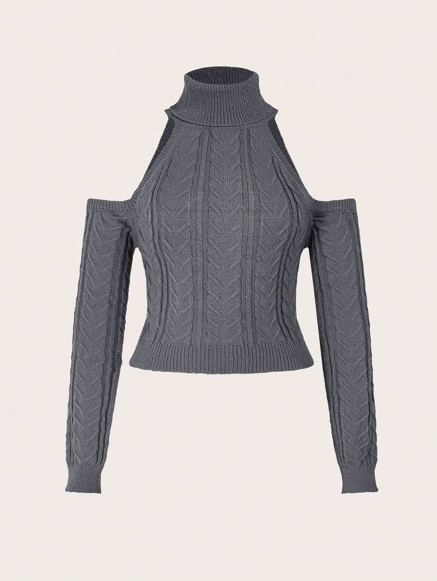 SHEIN ICON Turtleneck Cold Shoulder Knit Top - Grey - View 1