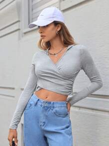SHEIN Essnce Solid Wrap Cross Crop Hooded Tee
