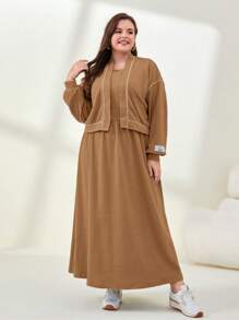 Mulvari Plus Letter Patched Drop Shoulder Jacket & Dress - Camel - View 1