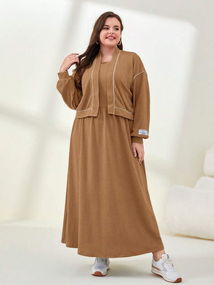 Mulvari Plus Letter Patched Drop Shoulder Jacket & Dress - Camel - View 1