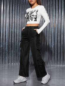 SHEIN PETITE Figure Graphic Crop Tee & Flap Pocket Side Cargo Pants - Black - View 4