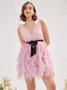 Enchnt Tie Shoulder Belted Fuzzy Trim Dress With Belt - Pink - View 4