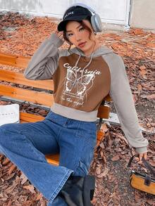 SHEIN Unity Hình ảnh con bướm và khẩu hiệu Tay Raglan Dây rút Hoodie - Nhiều màu - Xem 3