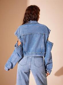 SHEIN BAE Cut Out Pearls Beaded Flap Pocket Denim Jacket - Medium Wash - View 2