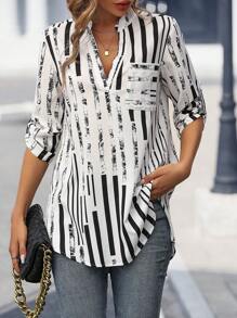 SHEIN LUNE Striped Print Roll Tab Sleeve Pocket Patched Blouse - White - View 1