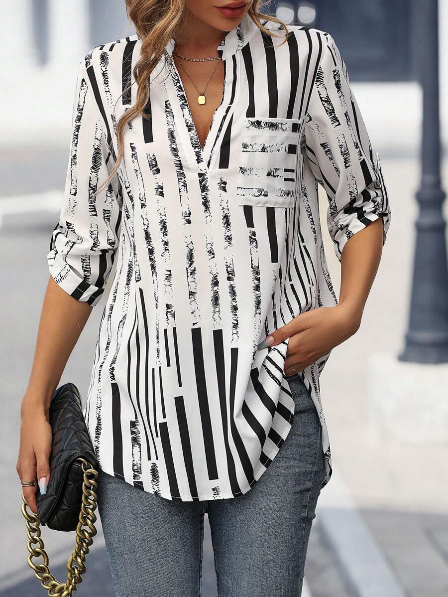 SHEIN LUNE Striped Print Roll Tab Sleeve Pocket Patched Blouse - White - View 1