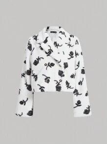 SHEIN MOD Women's Double Breasted Coat With Flower Print - Black and White - View 1