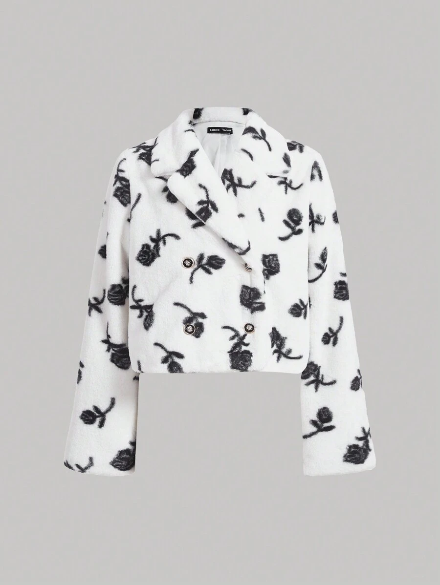 SHEIN MOD Women's Double Breasted Coat With Flower Print - Black and White - View 1