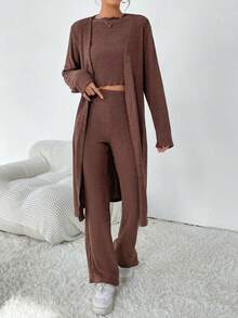 SHEIN Essnce Solid Lettuce Trim Tee & Flare Leg Pants & Open Front Coat - Brown - View 4
