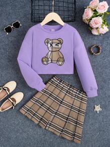 SHEIN Cô gái Tween In Gấu Thả vai Áo chui đầu & Kẻ sọc Váy - Màu tím hoa cà - Xem 1