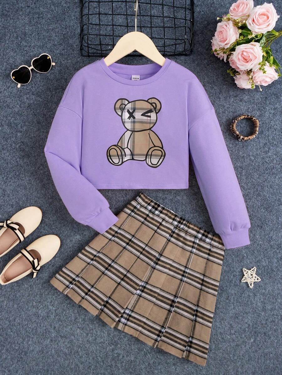 SHEIN Cô gái Tween In Gấu Thả vai Áo chui đầu & Kẻ sọc Váy - Màu tím hoa cà - Xem 1