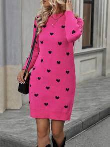 SHEIN Frenchy 愛心圖案小高領毛衣洋裝不附腰帶 - 粉色 - 查看 4