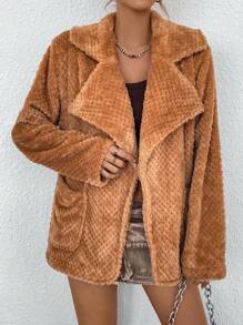 SHEIN Essnce Lapel Neck Open Front Fleece Coat - Yellow - View 3