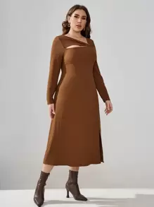 SHEIN Clasi Plus Size Asymmetrical Collar Hollow Out Hem Slit Design Dress - Brown - View 5