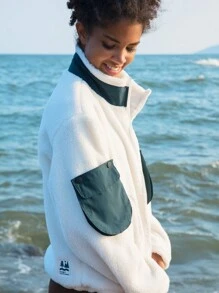 In My Nature In My Nature Cappotto con grafica lettera tasca con patta orlo con coulisse in pile