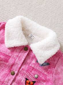 Cô Gái Trẻ In bướm Cổ áo Borg Lót nhiệt Denim Hiệu ứng In Áo khoác Không có áo len - Màu Hồng Tươi - Xem 5