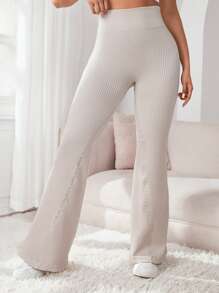 Easithlete Solid Flare Leg Sports Pants - Beige - View 4