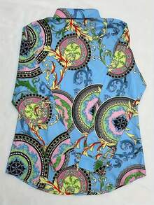 花卉印花前扣衬衫 - 藍色 - 查看 4