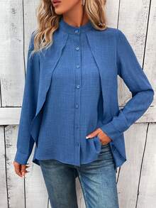 EMERY ROSE 素色前紐扣高低下擺襯衫 - 藍色 - 查看 5