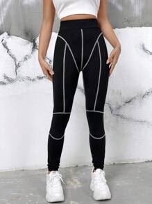 Muchica 頂針寬腰帶緊身打底褲 - 黑色 - 查看 4