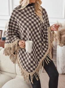 SHEIN LUNE Plaid Pattern Fringe Trim Knit Poncho - Multicolor - View 1