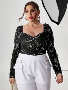 SHEIN Privé Plus Floral Print Sweetheart Neck Puff Sleeve Tee - Black - View 7