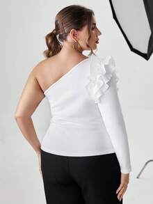 SHEIN Privé Hơn Một bờ vai Viền Ruffle Áo thun - trắng - Xem 2