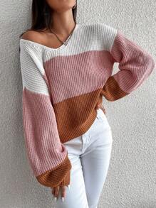 SHEIN Frenchy Khối màu Thả vai Áo len - Hồng - Xem 1