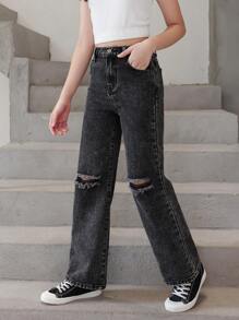 SHEIN Sparklyn Tween Girl All-Match Distressed Wide Leg Casual Jeans, Versatile, School, Campus, College Summer Holiday - Dark Grey - View 3