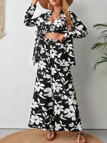 SHEIN VCAY In hoa Crop Cami & Áo sơ mi & Quần ống rộng - Đen và trắng - Xem 4
