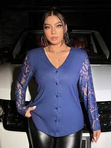 Celure Talla grande Camiseta con encaje en contraste con botón delantero - azul real - Ver 5