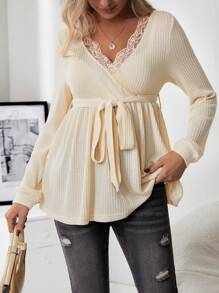 SHEIN Thai sản Trang trí ren Thắt lưng Dệt kim Waffle Áo thun - Màu be - Xem 5