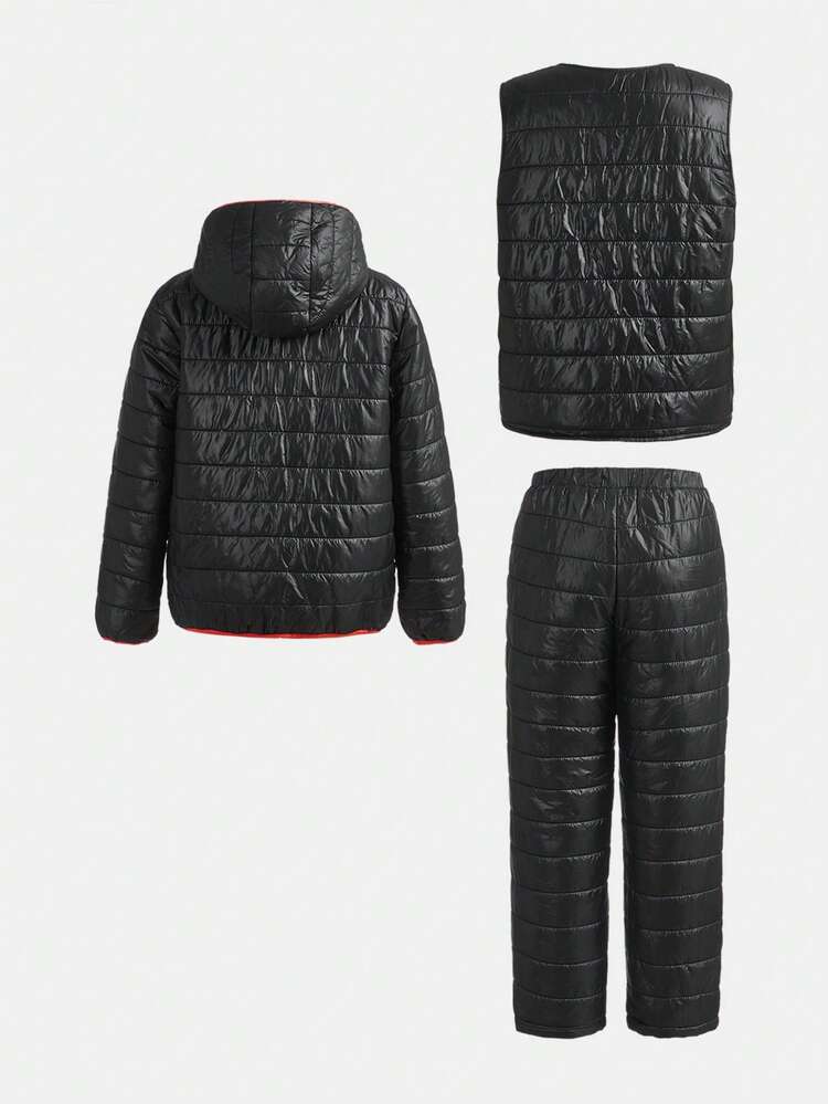 3pcs/Set Tween Boys Loose Casual Thick Fleece Jacket, Vest And Pants