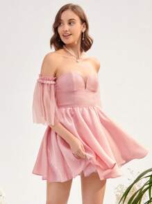 Enchnt Off Shoulder Nếp gấp Phần Ngực Đầm - Hồng - Xem 3