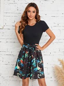 SHEIN LUNE In Splash Ink Váy có thắt lưng - màu đen - Xem 4
