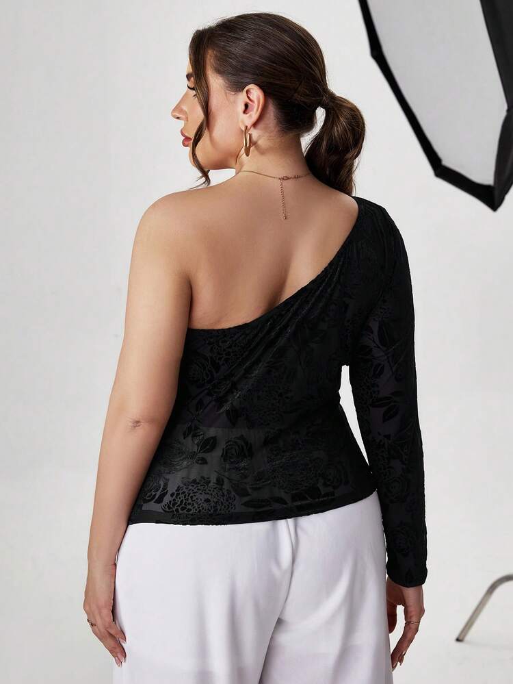 Plus One Shoulder Floral Jacquard Top