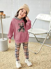 SHEIN Young Girl Bear Print Drop Shoulder Hoodie & Plaid Leggings