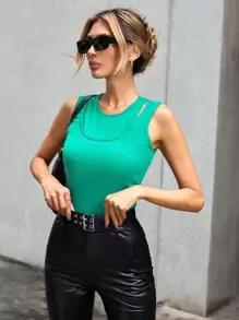 SHEIN Essnce Chất rắn Cắt ra phía trước Áo ba lỗ - màu xanh lá - Xem 1