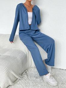 SHEIN Essnce Zip Up Drop Shoulder Drawstring Hoodie & Pants - Blue - View 4