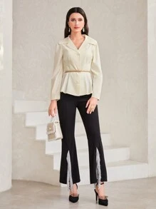 Seusyu Lapel Neck Button Front Peplum Blouse - Apricot - View 4
