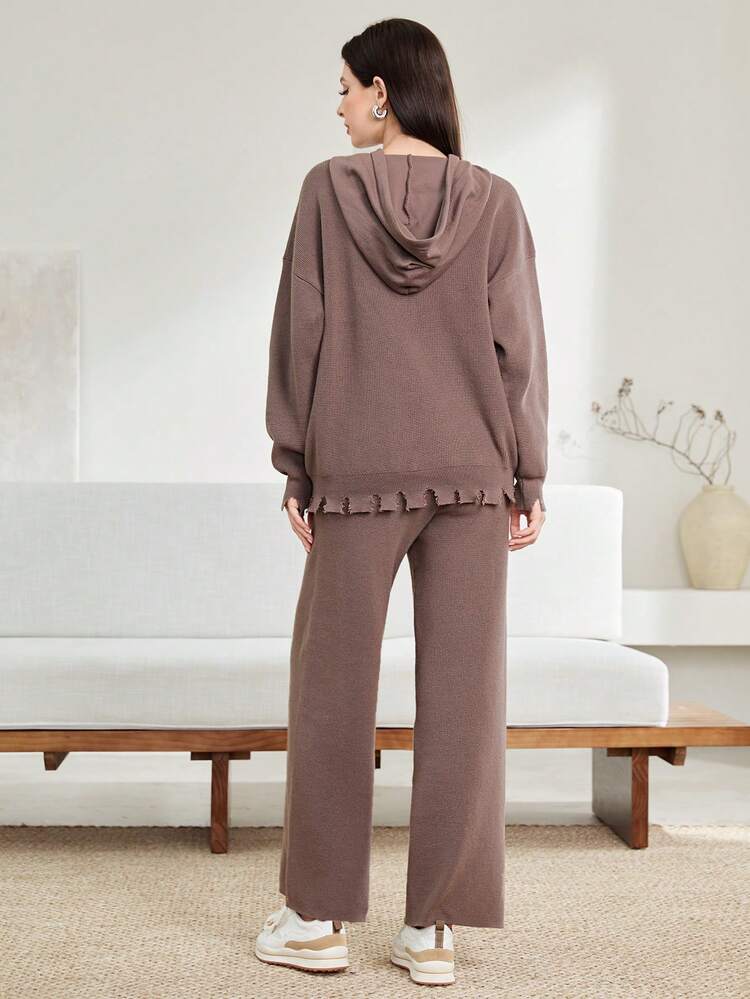 Drop Shoulder Drawstring Hooded Sweater & Knit Pants 2 Piece Set Fall Cloth For Women