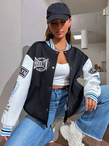 SHEIN Unity Cazadora de universidad con estampado de letra de dos tonos de hombros caídos ribete de rayas - Blanco y Negro - Ver 4
