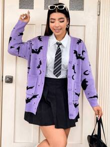 Sunspun Hơn Hình con dơi Túi Kép Thả vai Áo len Mở - Màu tím - Xem 5