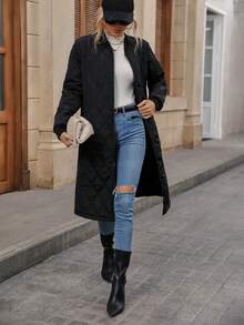 SHEIN Essnce 斜口袋绗缝夹棉大衣冬季 - 黑色 - 查看 7