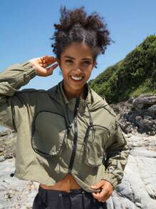 In My Nature Contrast Piping Zip Up Hooded Softshell Jacket - Olive Green - View 6